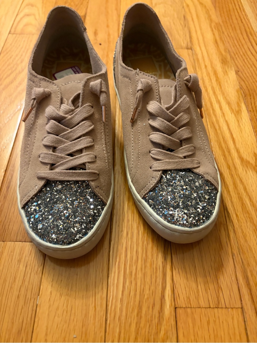 Silver Glitter Toe and light tan Suede Lace-Up Sneakers - Taupe